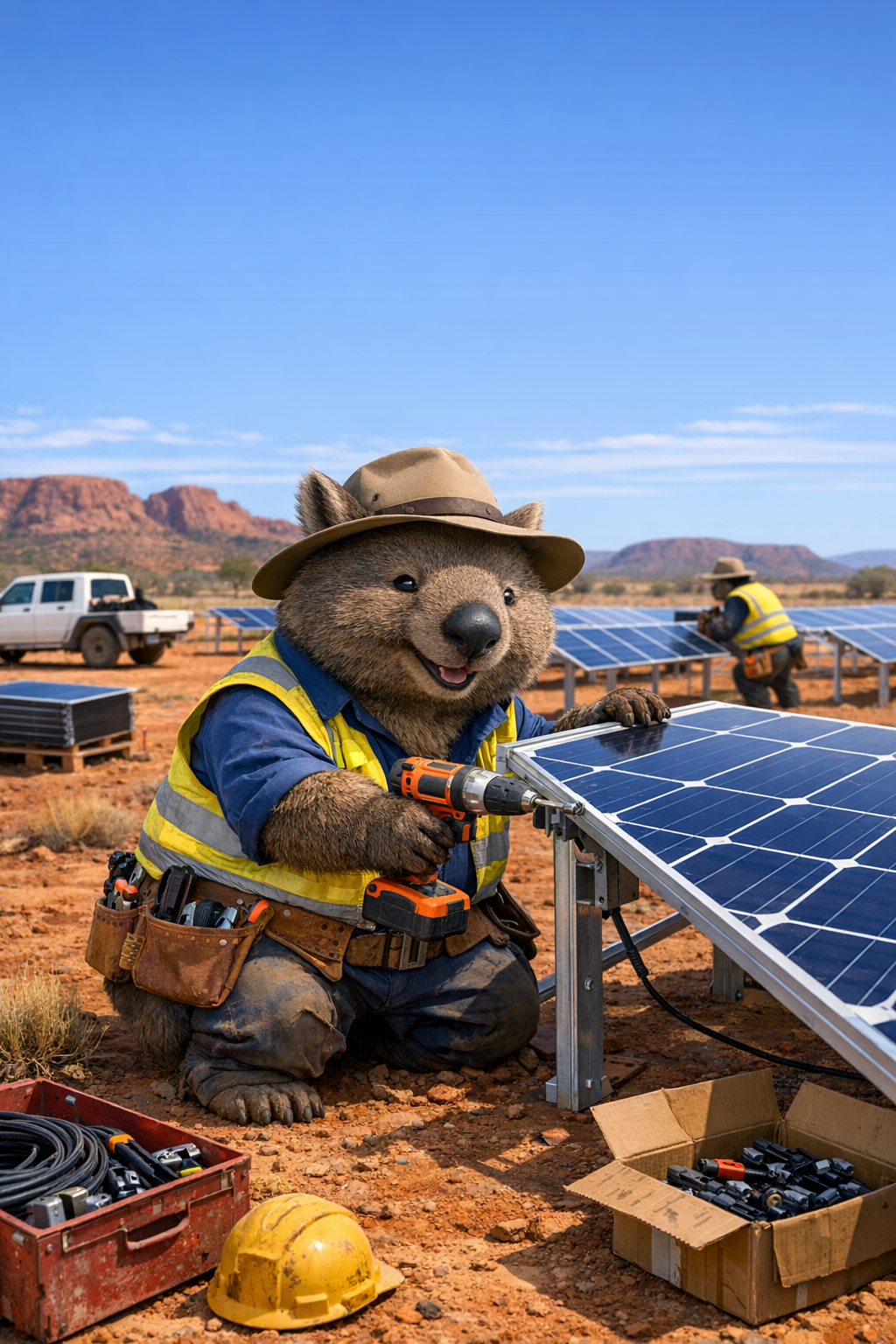 Wombat installing solar panels in the Australian outback.